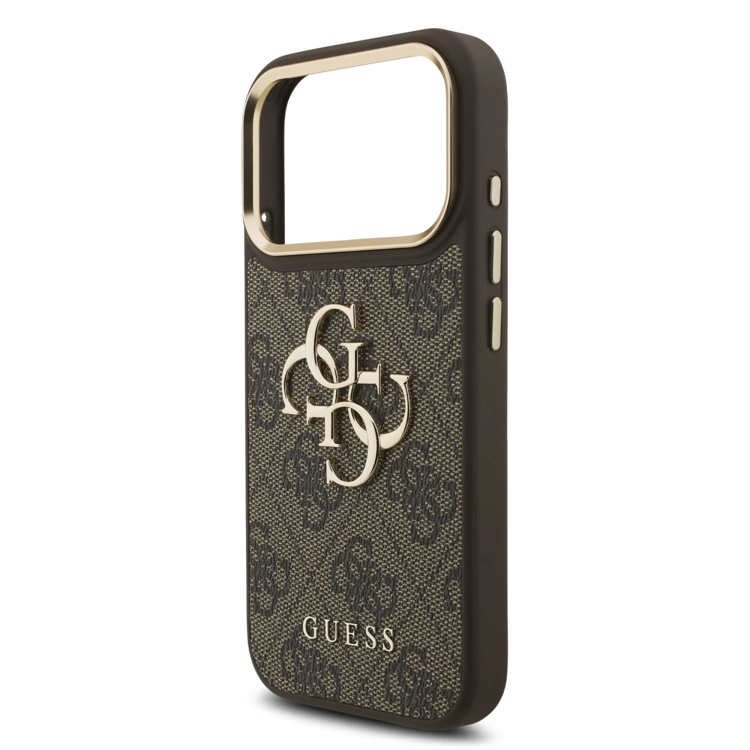 Guess PU Leather 4G Metal Logo Gold Frame Zadní Kryt pro iPhone 18 Pro Brown
