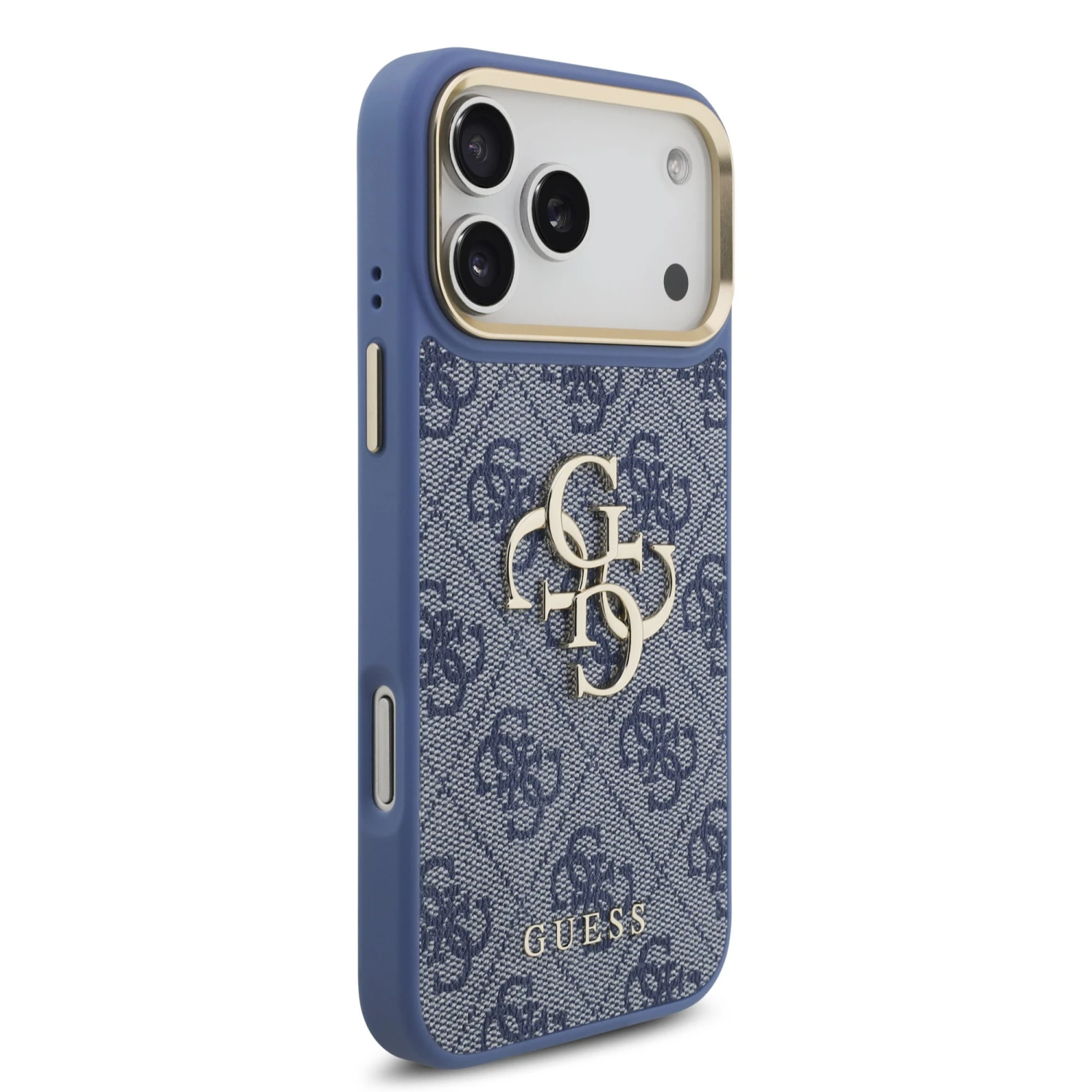 Guess PU Leather 4G Metal Logo Gold Frame Zadní Kryt pro iPhone 18 Pro Max Blue