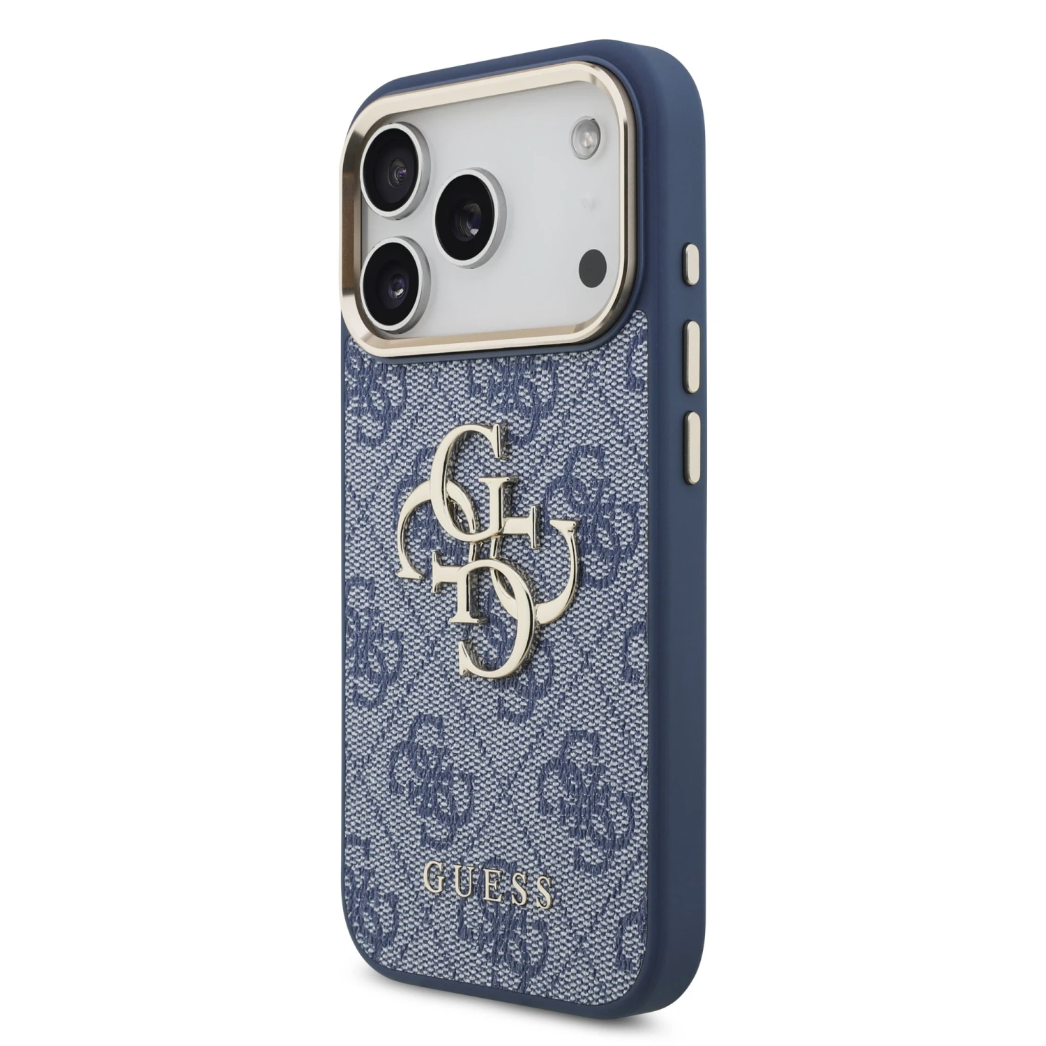 Guess PU Leather 4G Metal Logo Gold Frame Zadní Kryt pro iPhone 18 Pro Blue