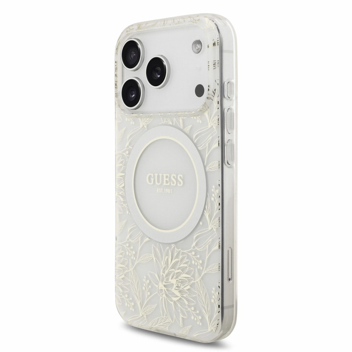 Guess IML Flowers Allover Strap MagSafe Zadní Kryt pro iPhone 18 Pro White