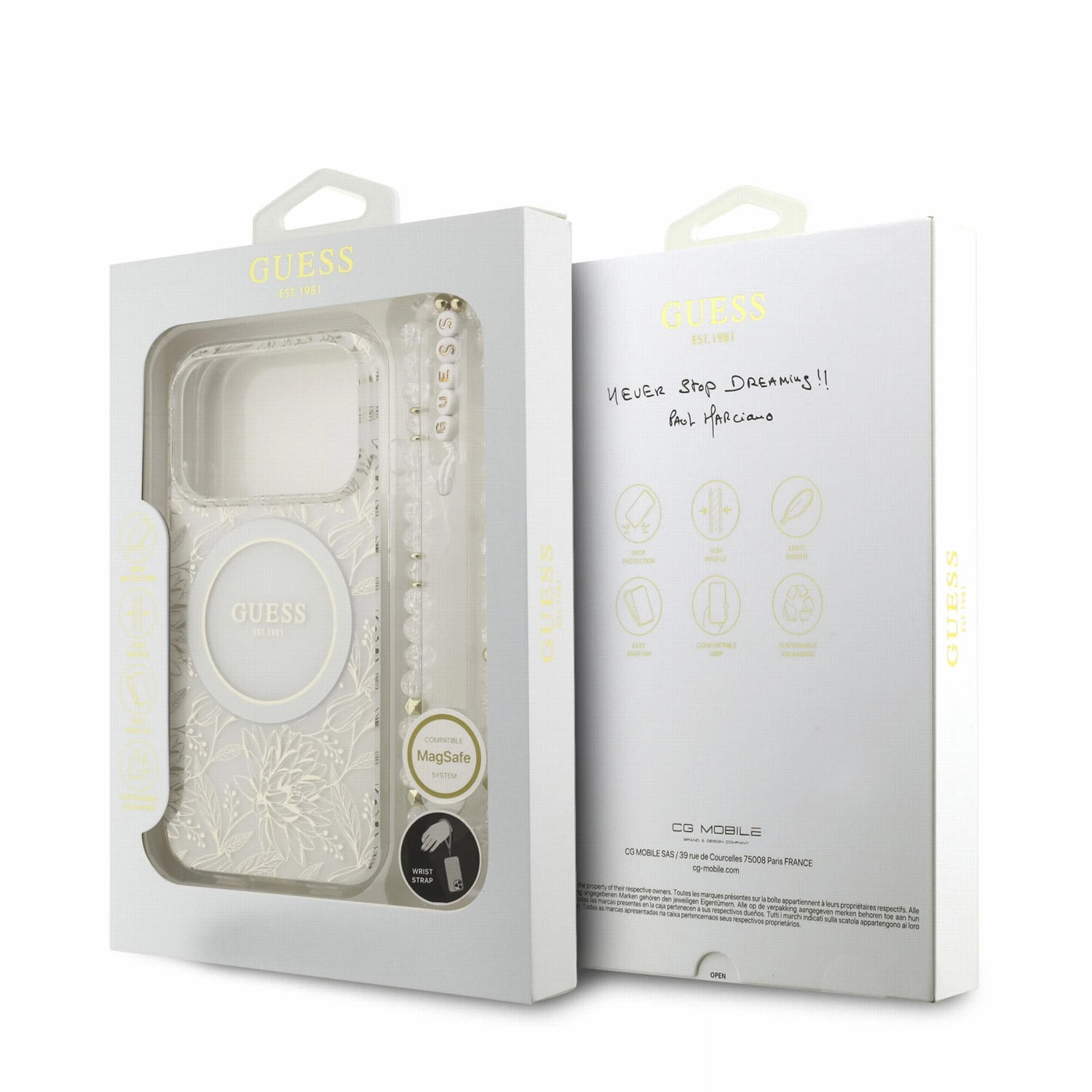 Guess IML Flowers Allover Strap MagSafe Zadní Kryt pro iPhone 18 Pro White