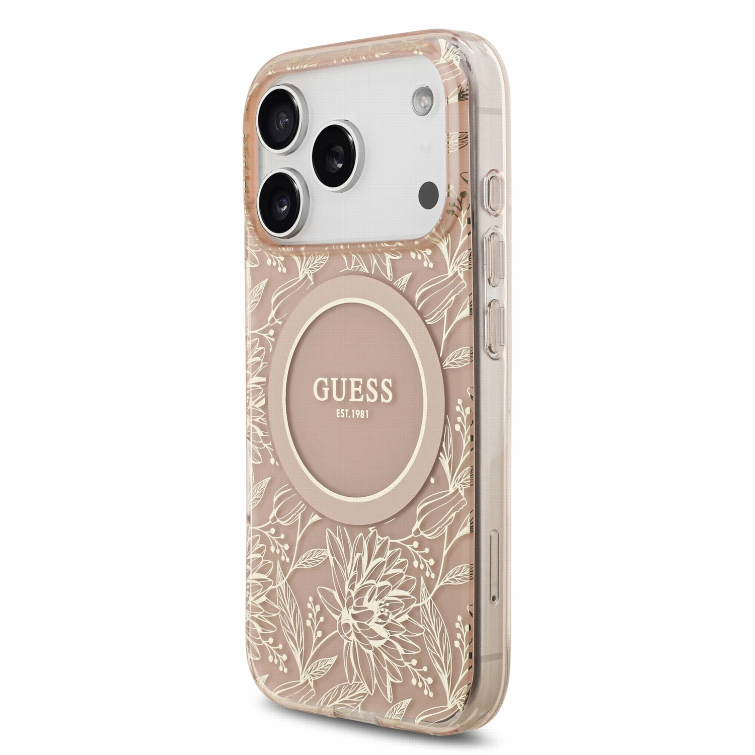 Guess IML Flowers Allover Strap MagSafe Zadní Kryt pro iPhone 18 Pro Pink