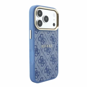 Zadní kryt Guess PU Leather 4G Gold Frame Embossed MagSafe pro Apple iPhone 18 Pro Max, modrá
