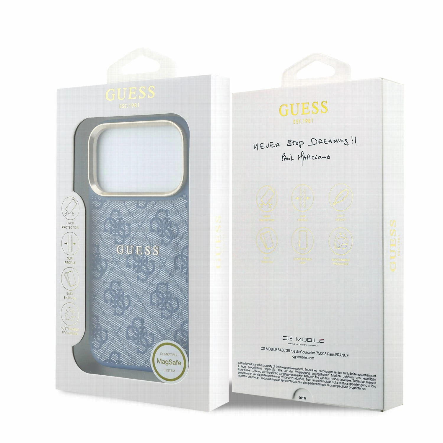 Guess PU Leather 4G Gold Frame Embossed MagSafe Zadní Kryt pro iPhone 18 Pro Max Blue