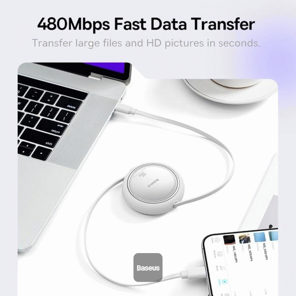 Navíjecí kabel Baseus Free2Draw USB-C/USB-C 1m 100W, bílá