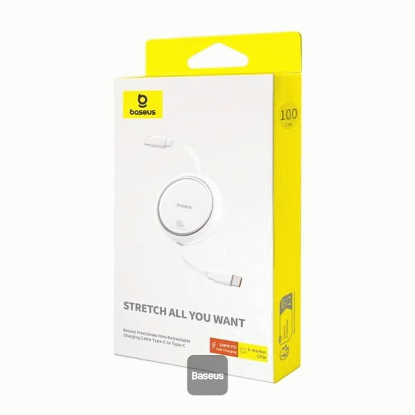 Navíjecí kabel Baseus Free2Draw USB-C/USB-C 1m 100W, bílá