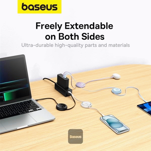 Navíjecí kabel Baseus Free2Draw USB-C/USB-C 1m 100W, černá