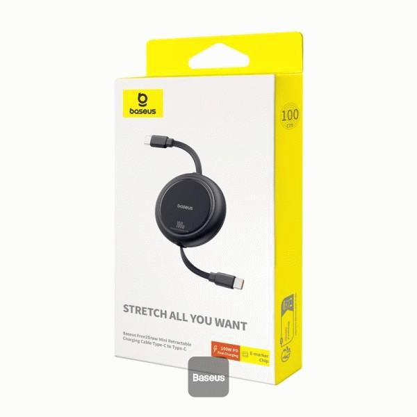 Navíjecí kabel Baseus Free2Draw USB-C/USB-C 1m 100W, černá