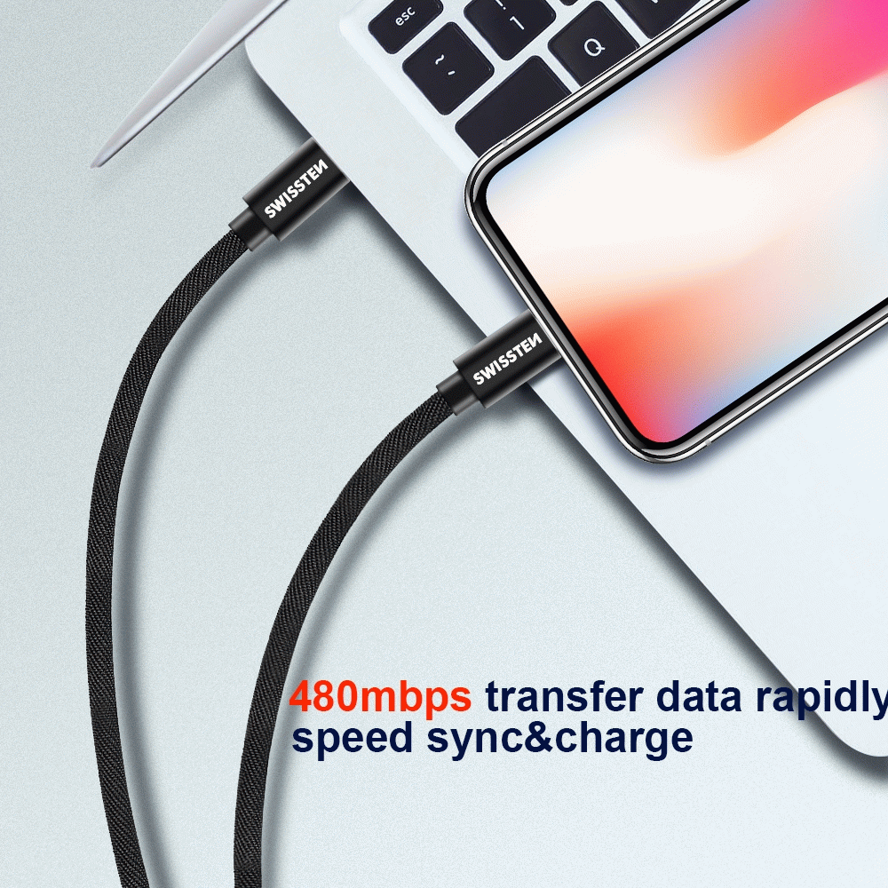 DATOVÝ KABEL SWISSTEN TEXTILE USB-C / LIGHTNING 0,5 M, ČERNÁ