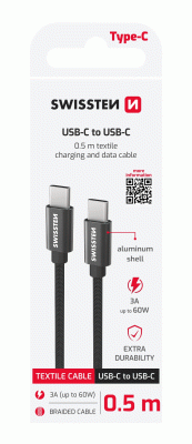 DATOVÝ KABEL SWISSTEN TEXTILE USB-C / USB-C 0,5 M, ČERNÁ