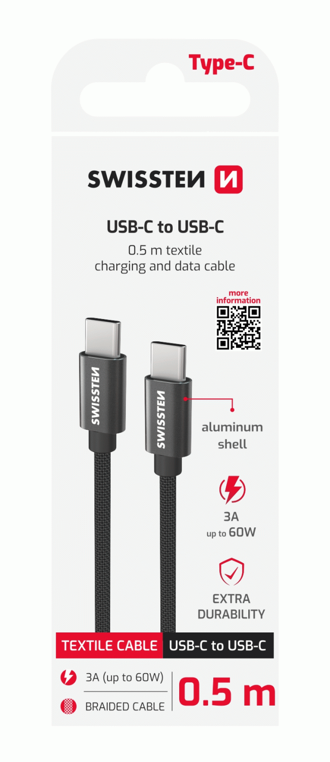 DATOVÝ KABEL SWISSTEN TEXTILE USB-C / USB-C 0,5 M, ČERNÁ