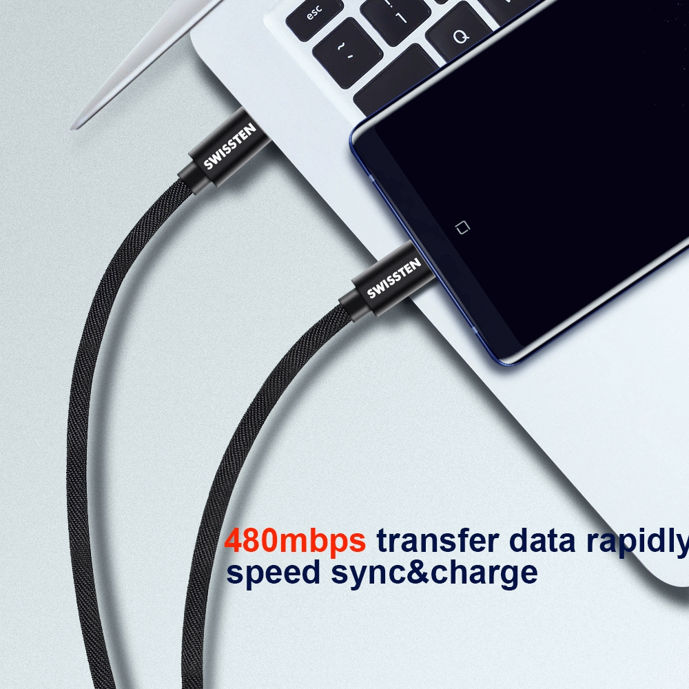 DATOVÝ KABEL SWISSTEN TEXTILE USB-C / USB-C 0,5 M, ČERNÁ