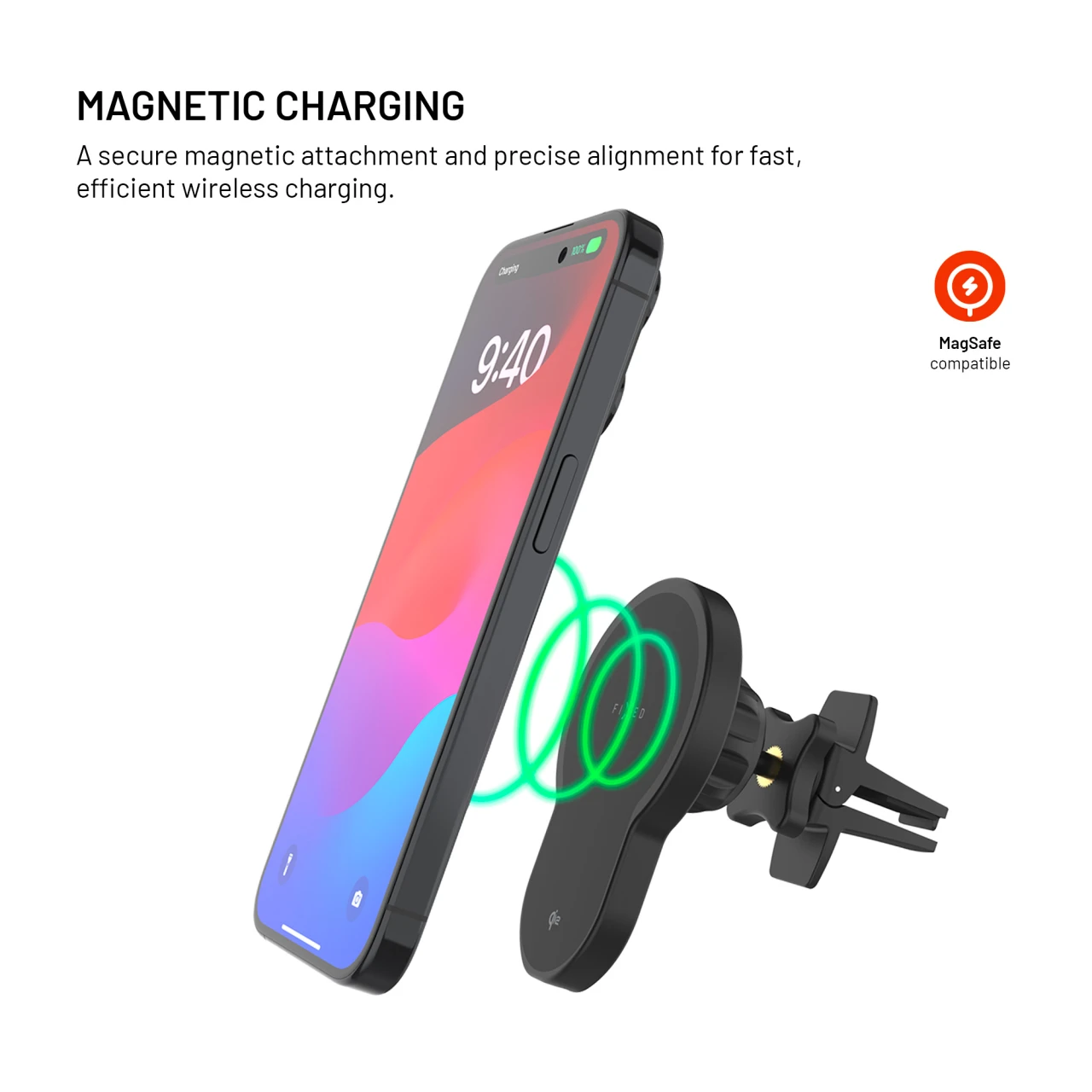 Držák s bezdrátovým nabíjením FIXED MagClick 2 s podporou MagSafe, 15W, Qi2, černá