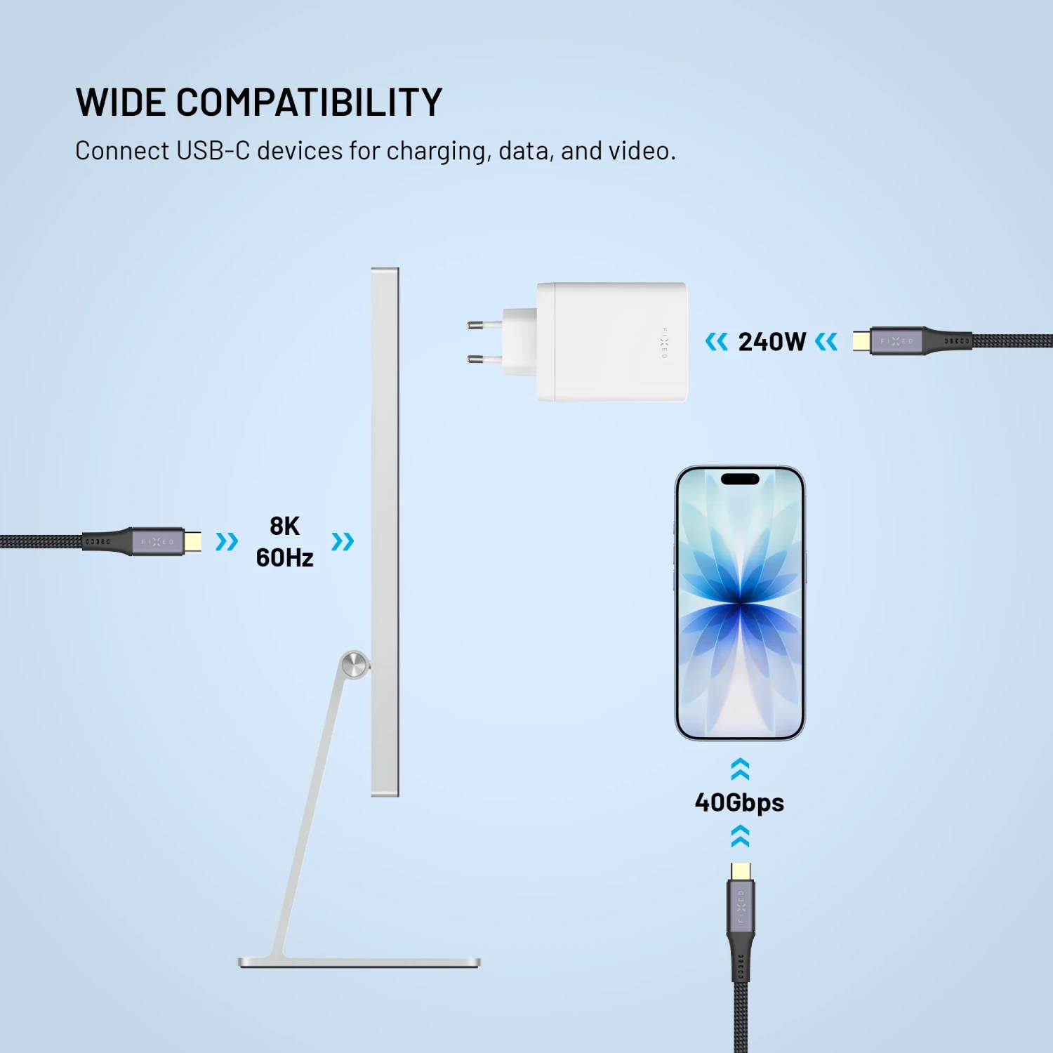 FIXED Media Cable USB-C/USB-C, PD 3.1, 2m, USB4 Gen3 40Gbps, 8K60Hz, 240W, černá