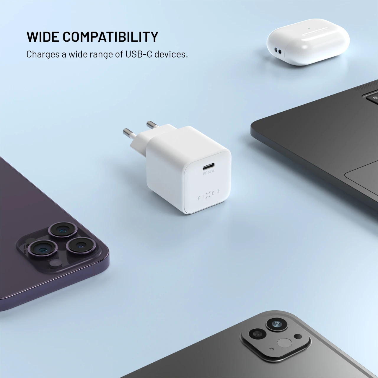 Síťová GaN nabíječka FIXED Mini s USB-C výstupem a podporou PD, 65W, bílá