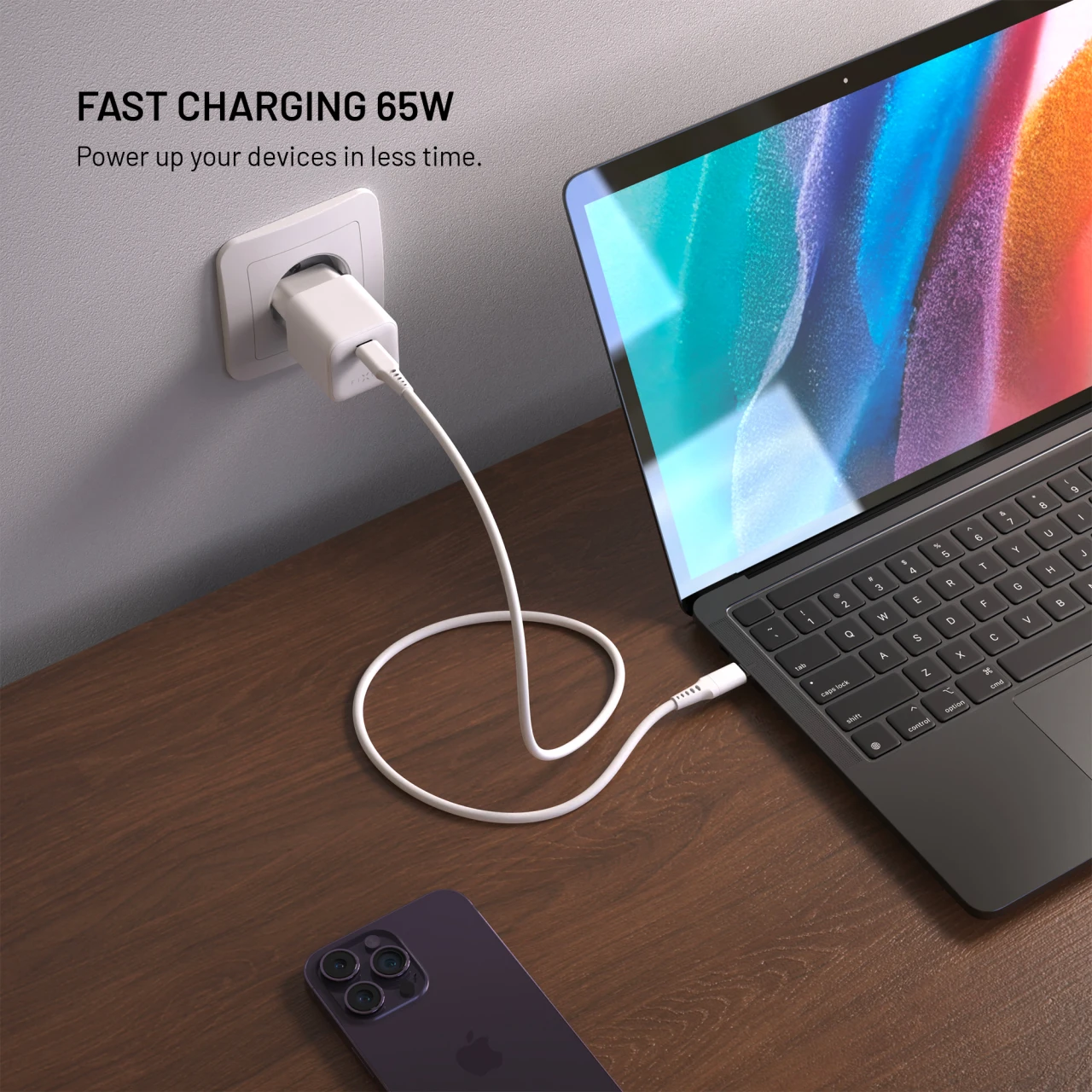 Síťová GaN nabíječka FIXED Mini s USB-C výstupem a podporou PD, 65W, bílá