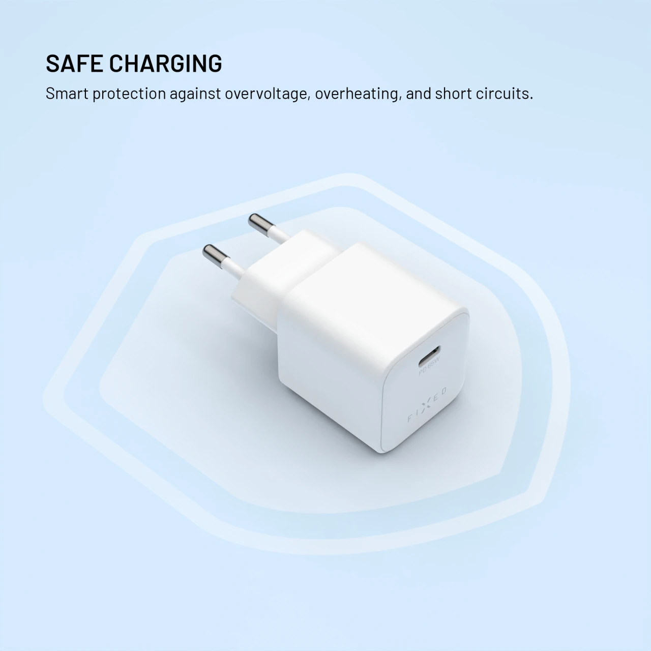 Síťová GaN nabíječka FIXED Mini s USB-C výstupem a podporou PD, 65W, bílá