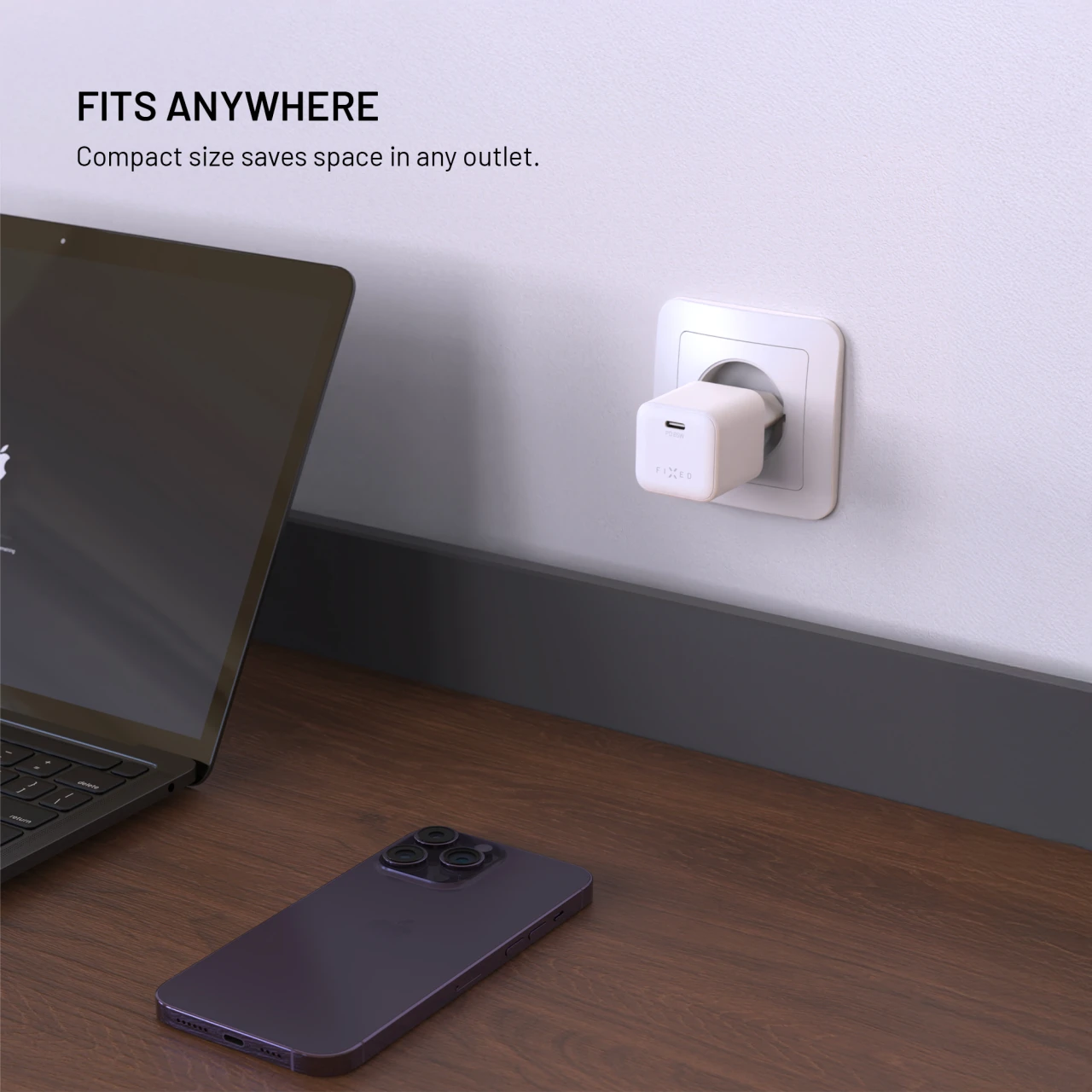Síťová GaN nabíječka FIXED Mini s USB-C výstupem a podporou PD, 65W, bílá
