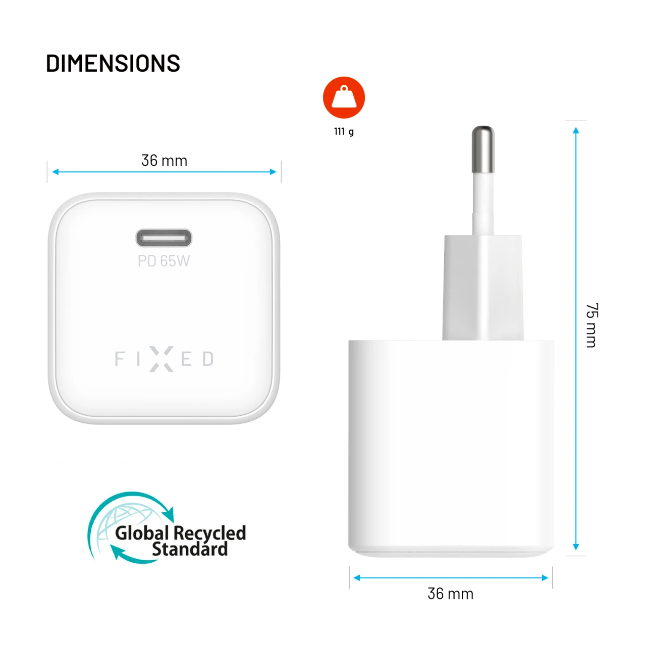 Síťová GaN nabíječka FIXED Mini s USB-C výstupem a podporou PD, 65W, bílá