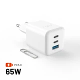 Síťová GaN nabíječka FIXED Mini s 2xUSB-C a USB výstupem, podpora PD, 65W, bílá