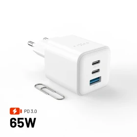 FIXED Mini GaN s 2xUSB-C a USB výstupem, podpora PD, 65W, bílá