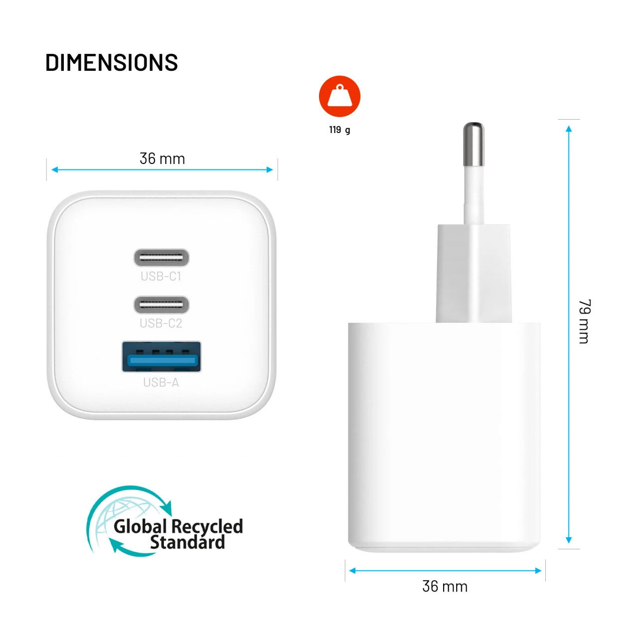 Síťová GaN nabíječka FIXED Mini s 2xUSB-C a USB výstupem, podpora PD, 65W, bílá
