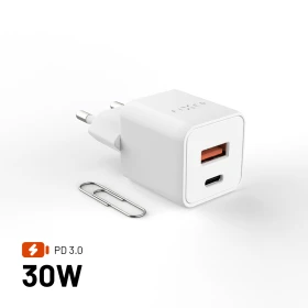 FIXED Mini GaN s USB-C a USB výstupem a podporou PD, 30W, bílá