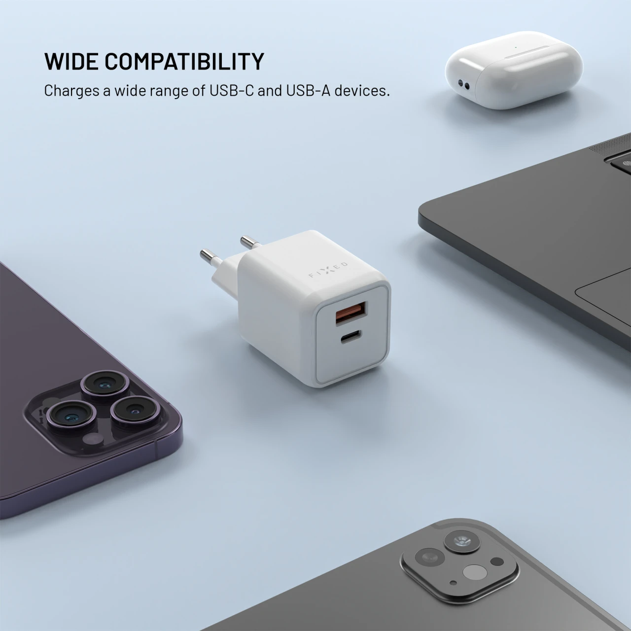 FIXED Mini GaN s USB-C a USB výstupem a podporou PD, 45W, bílá