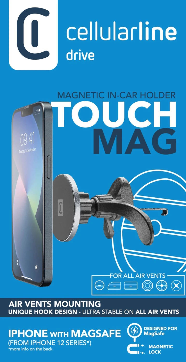 Magnetický držák Cellularline Touch Mag Air Vents s uchycením do mřížky ventilace a podporou MagSafe, černá