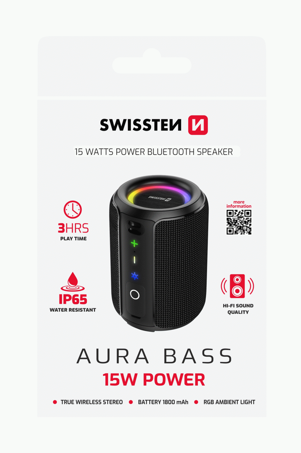 BLUETOOTH REPRODUKTOR SWISSTEN AURA BASS 15W, ČERNÁ