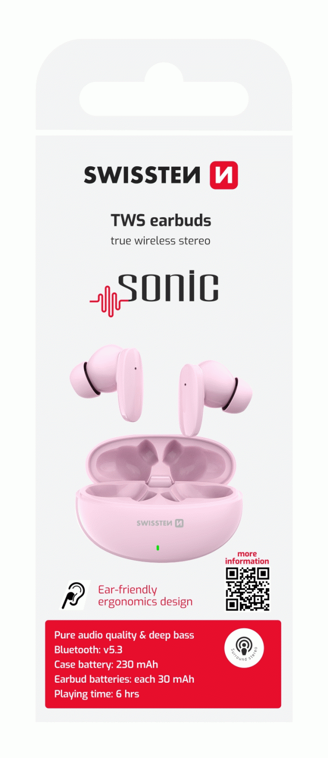 BLUETOOTH TWS SLUCHÁTKA SWISSTEN SONIC, RŮŽOVÁ
