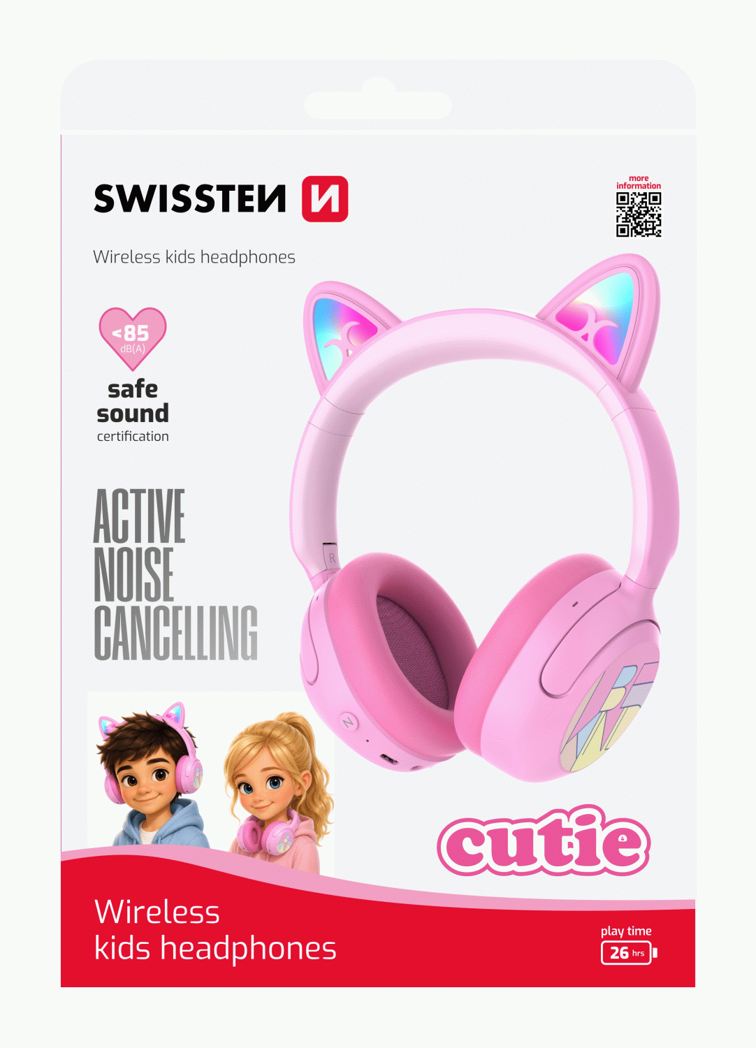BLUETOOTH DĚTSKÁ STEREO SLUCHÁTKA S UŠIMA SWISSTEN CUTIE, RŮŽOVÁ 