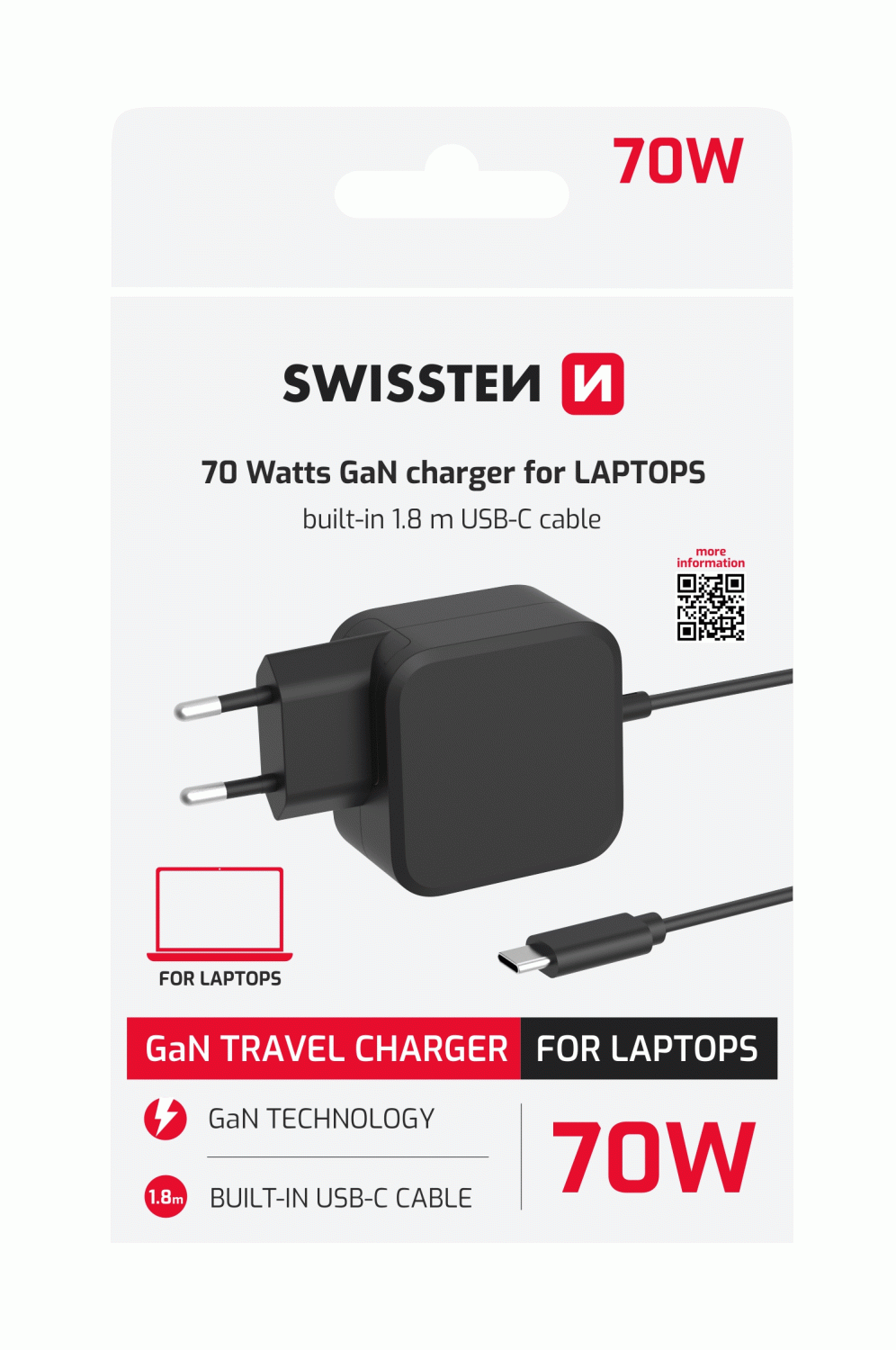 SWISSTEN SÍŤOVÝ ADAPTÉR LaptopCHARGE GaN 70W, SE ZABUDOVANÝM USB-C KABELEM, ČERNÁ