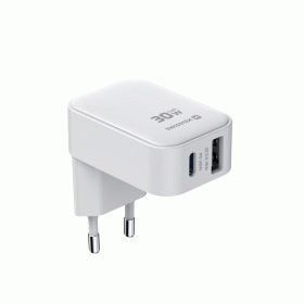 SWISSTEN SKLÁDACÍ SÍŤOVÝ ADAPTÉR FoldCHARGE GaN 1x USB-C 30W + 1x USB-A 18W QC, BÍLÁ