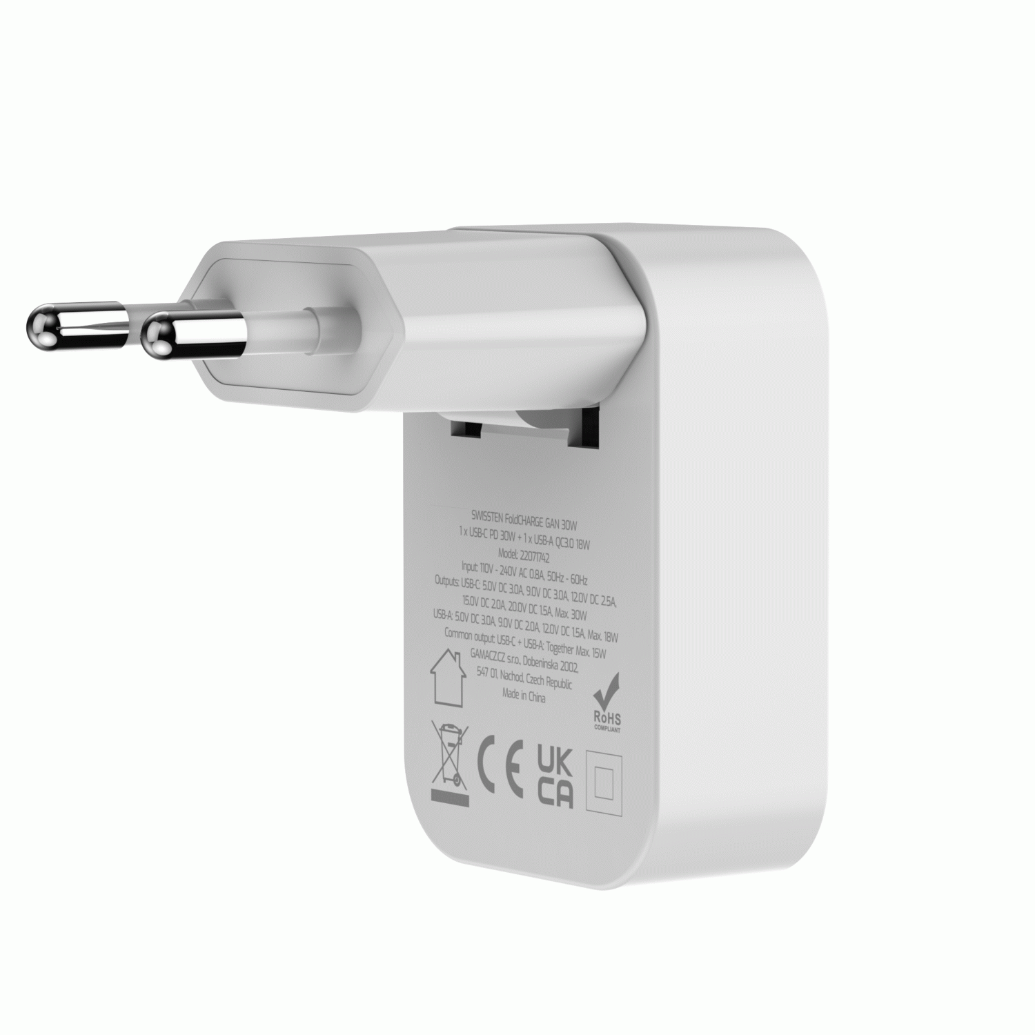 SWISSTEN SKLÁDACÍ SÍŤOVÝ ADAPTÉR FoldCHARGE GaN 1x USB-C 30W + 1x USB-A 18W QC, BÍLÁ