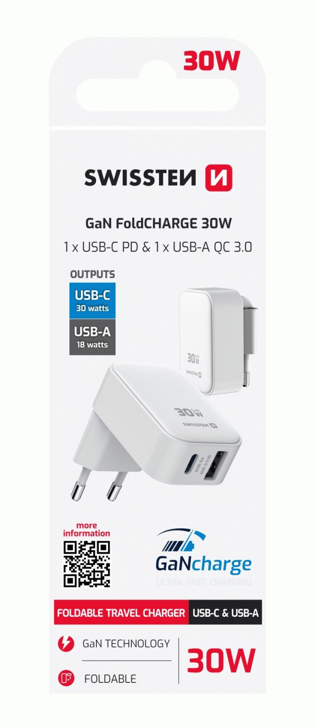 SWISSTEN SKLÁDACÍ SÍŤOVÝ ADAPTÉR FoldCHARGE GaN 1x USB-C 30W + 1x USB-A 18W QC, BÍLÁ