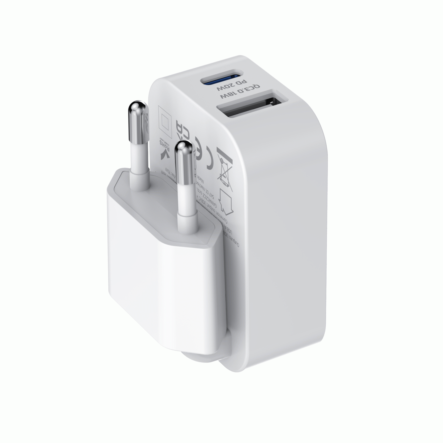 SWISSTEN SKLÁDACÍ SÍŤOVÝ ADAPTÉR FoldCHARGE GaN 1x USB-C 20W + 1x USB-A 18W QC, BÍLÁ