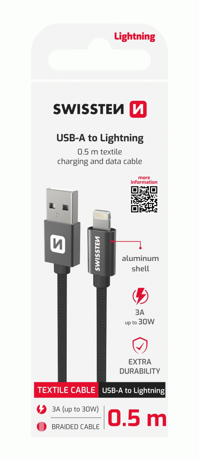 DATOVÝ KABEL SWISSTEN TEXTILE USB / LIGHTNING 0,5 M, ČERNÁ