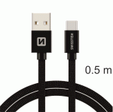 DATOVÝ KABEL SWISSTEN TEXTILE USB / USB-C 0,5 M, ČERNÁ