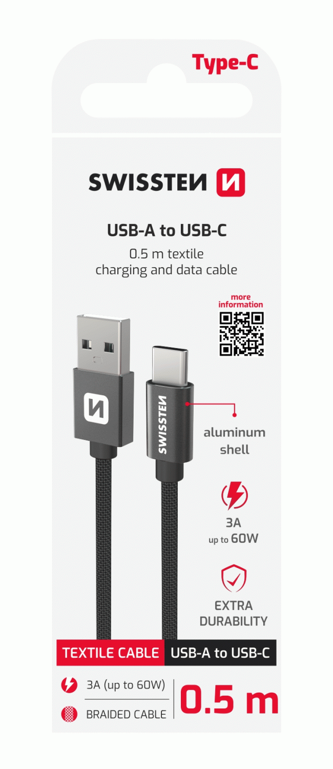 DATOVÝ KABEL SWISSTEN TEXTILE USB / USB-C 0,5 M, ČERNÁ