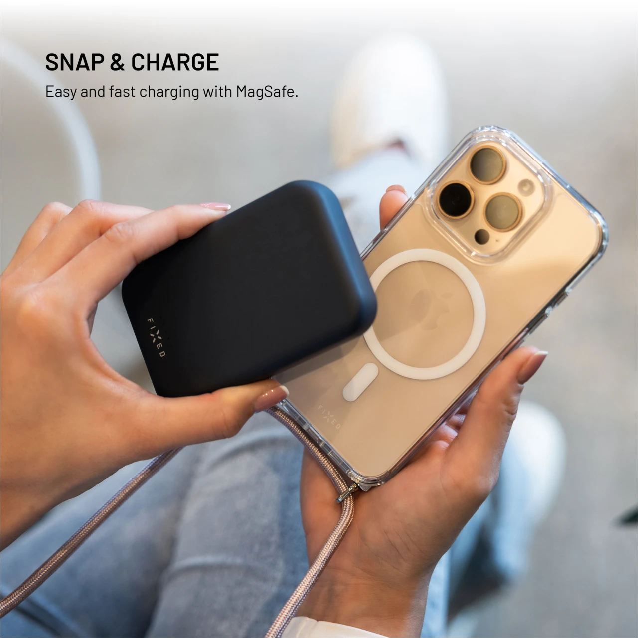 Pouzdro FIXED MagPure Neck s růžovou šňůrkou na krk pro Apple iPhone 17 Pro