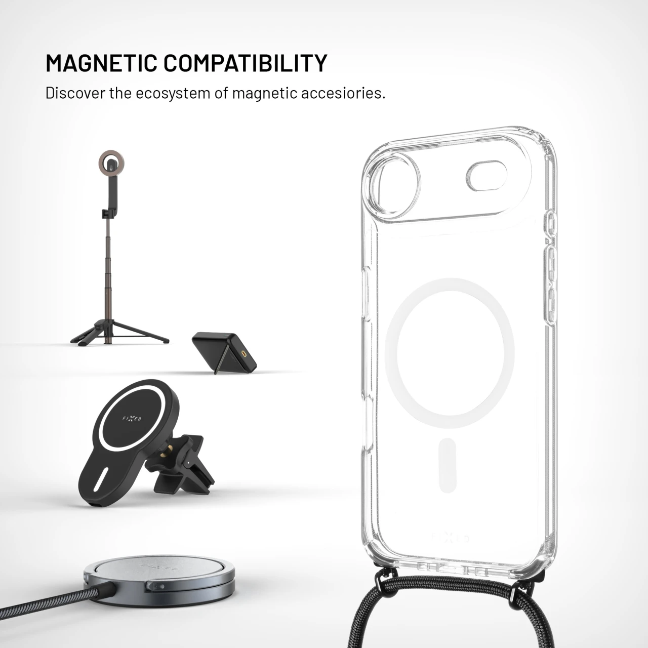 Pouzdro FIXED MagPure Neck s černou šňůrkou na krk pro Apple iPhone Air