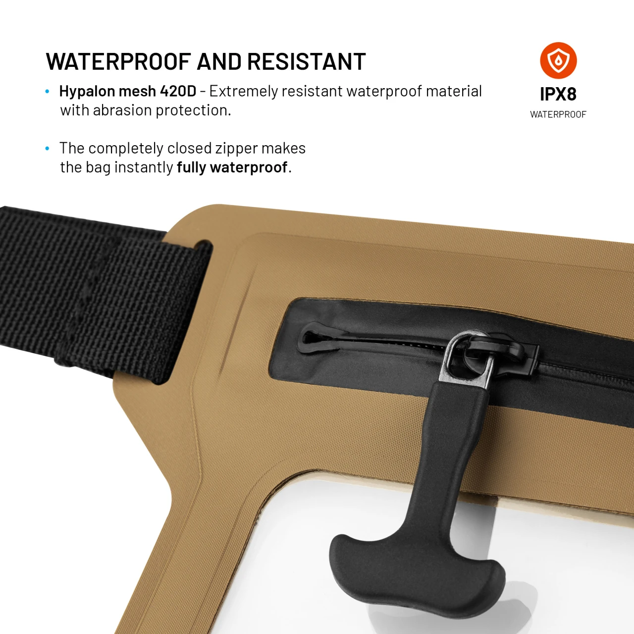 Voděodolné pouzdro FIXED Dry Belt okolo pasu z hypalonu s certifikací IPX8, khaki