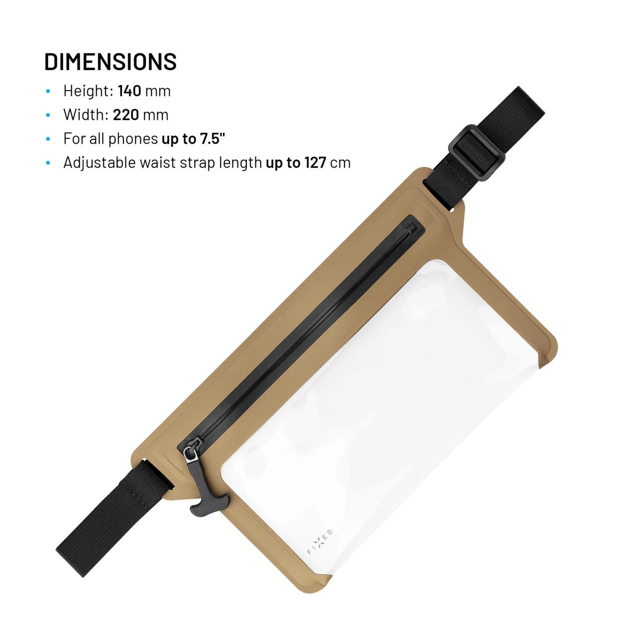 Voděodolné pouzdro FIXED Dry Belt okolo pasu z hypalonu s certifikací IPX8, khaki