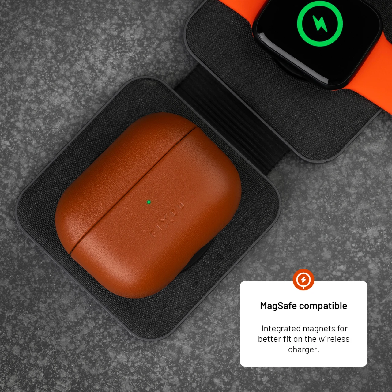 Kožené pouzdro FIXED PodsLeather s podporou MagSafe pro Apple AirPods Pro 2/Pro 2 (USB-C), hnědá