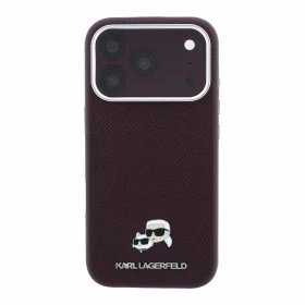 Zadní kryt Karl Lagerfeld PU Grained Semi Wrap K&CH Heads Magsafe pro Apple iPhone 18 Pro, burgundy