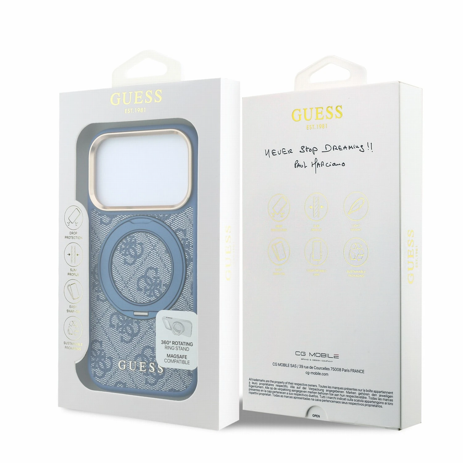 Guess PU 4G Ring Stand MagSafe Zadní Kryt pro iPhone 18 Pro Max Blue