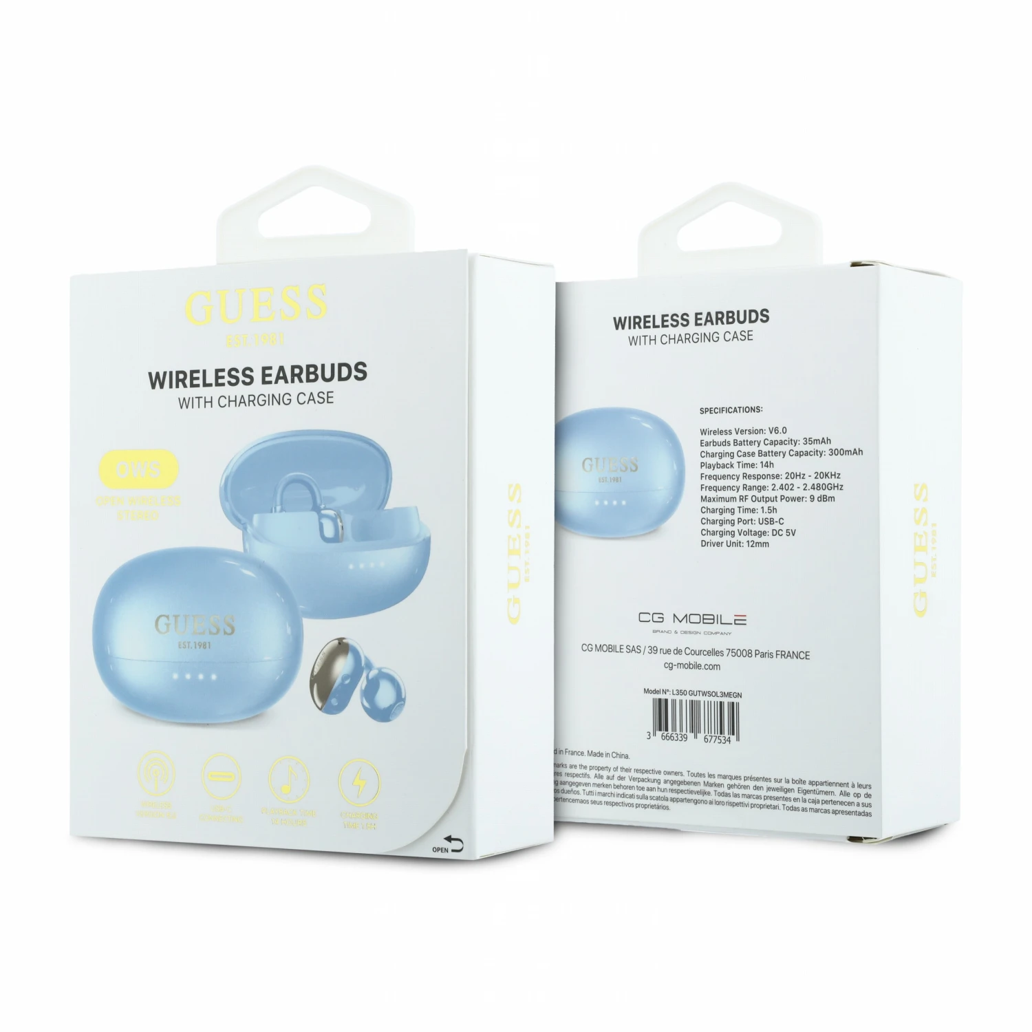 Guess Metallic Finish Classic Logo OWS Bezdrátová Sluchátka Light Blue