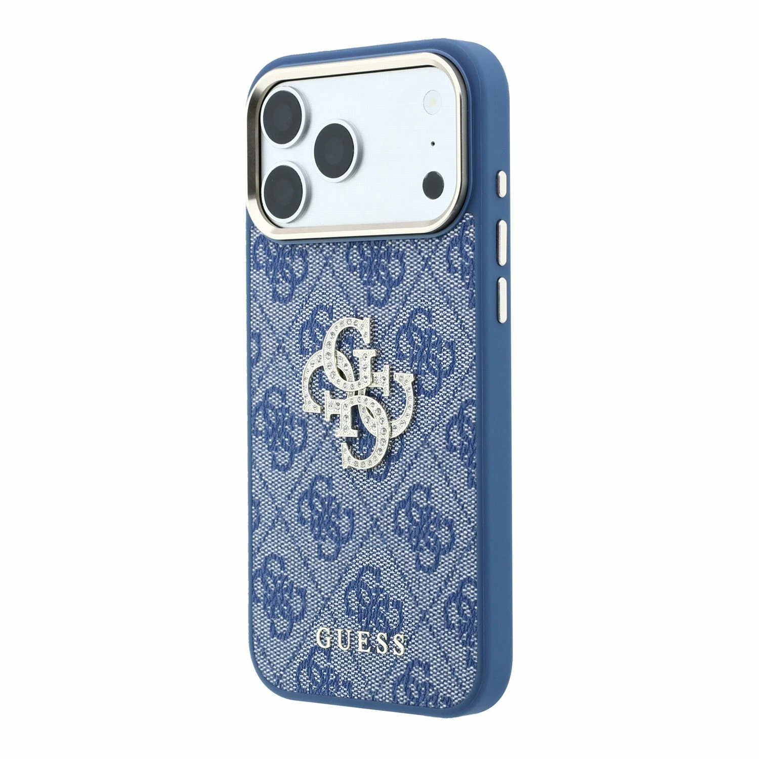 Guess PU 4G Strass Metal Logo Zadní Kryt pro iPhone 18 Pro Max Blue