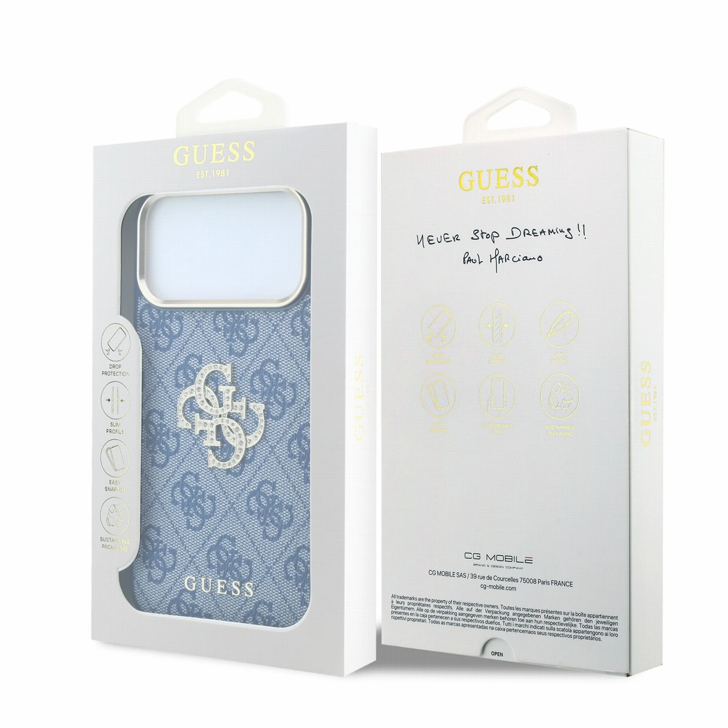 Guess PU 4G Strass Metal Logo Zadní Kryt pro iPhone 18 Pro Max Blue